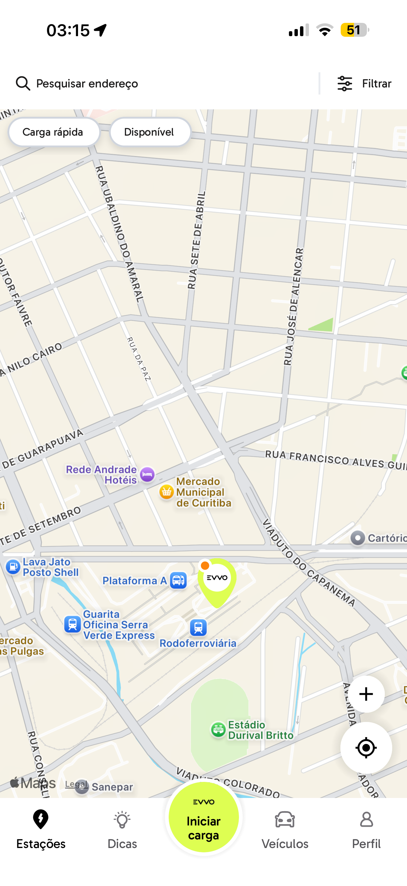 Tela inicial do app Evvo — mapa com o hub da Rodoviária de Curitiba